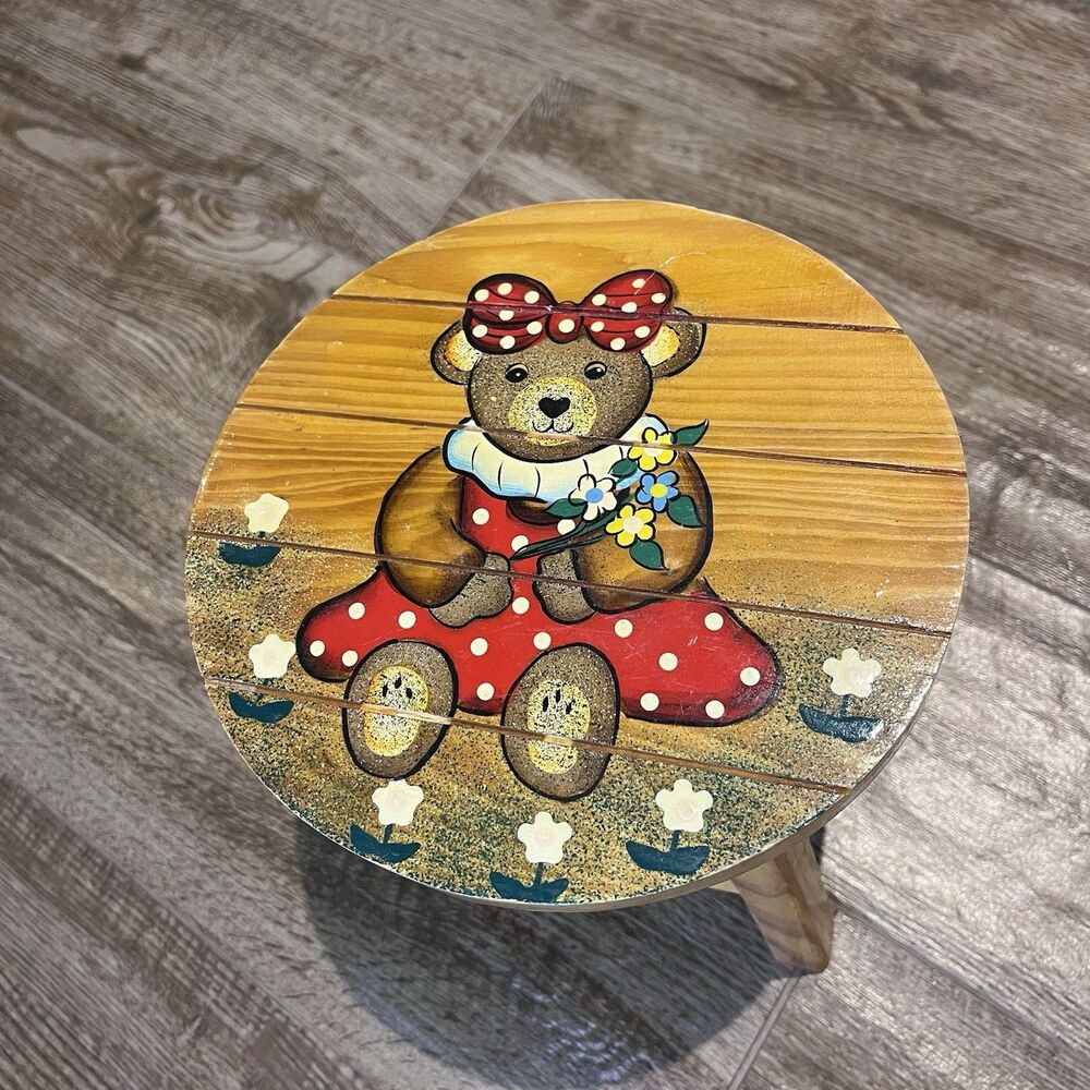 Vintage Handcrafted Hand Painted Wooden Round Top Stool Decorative Country Decor
